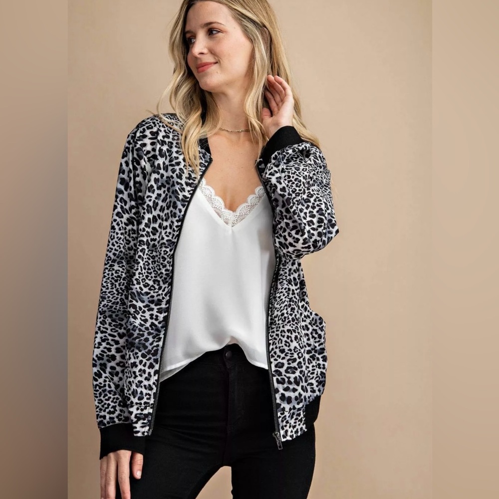 Kori America Womens Leopard Bomber Jacket Charcoal/Black Size Medium
